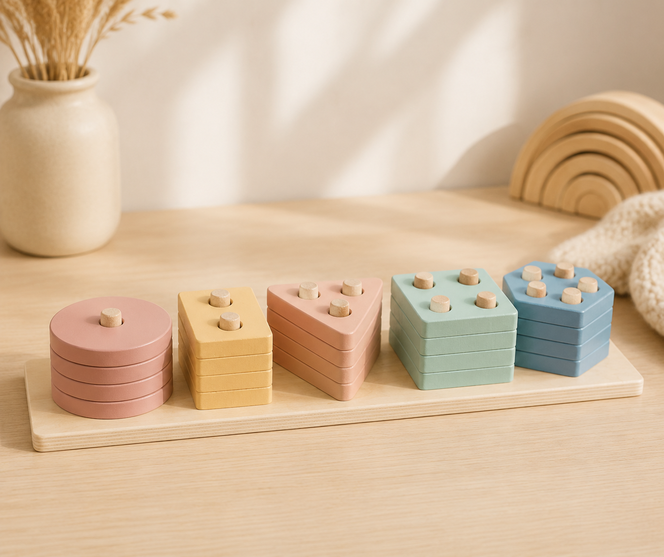 Puzzle Montessori de 5 Formas Colores Pasteles