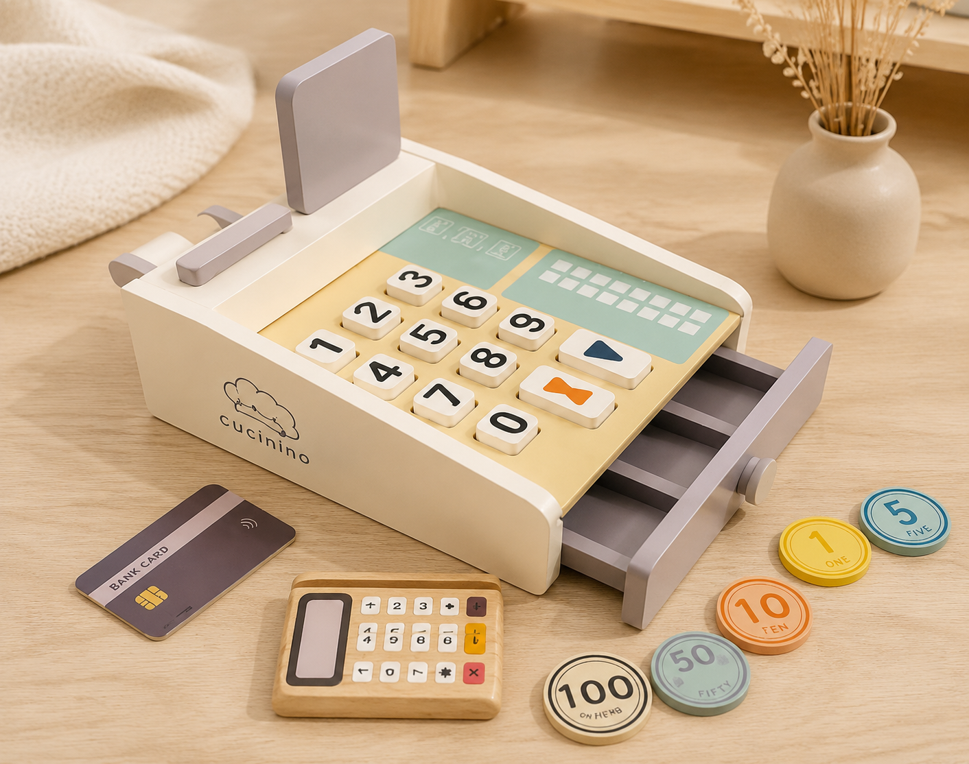 Caja Registradora de Madera Montessori con Monedas y Accesorios